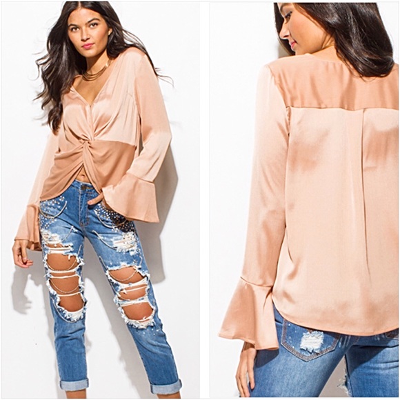 Silky Bell Sleeve Twist Front Blouse S - Picture 5 of 8